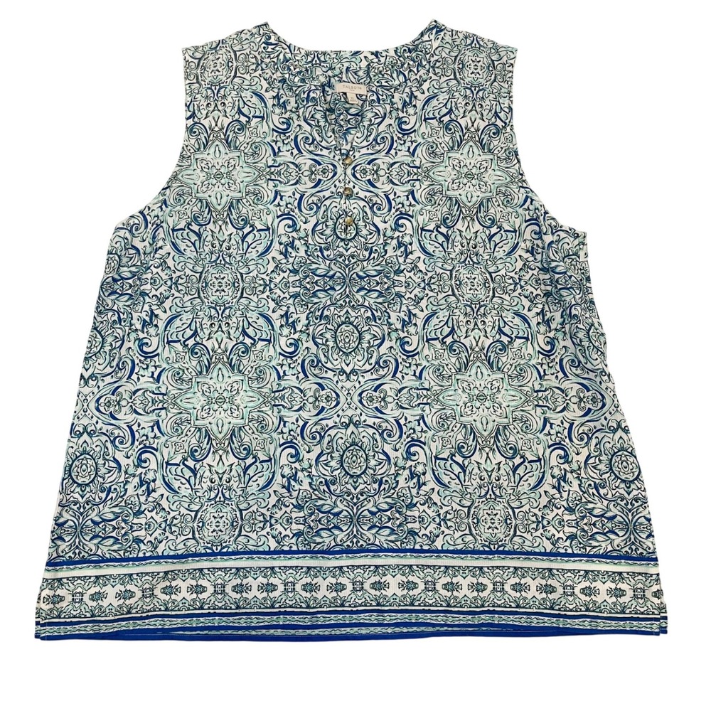 Talbots Blue White Paisley Medallion Sleeveless Split Neck Blouse Coastal Sz XL